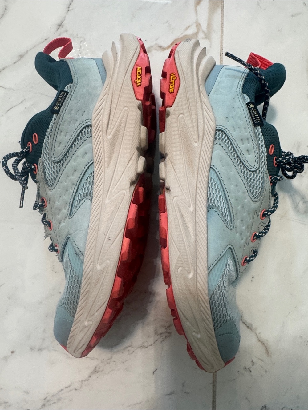 Used Hoka Women's Light Blue and Teal Running Sneakers with Coral Accents - Picture 3 of 9